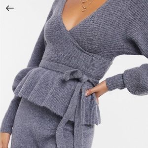 ASOS DESIGN Grey Wrap Sweater with Tie Waist Detail